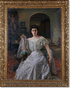Chariklia Freifrau von Cramer-Klett im Arbeitszimmer ihres Mannes Theodor Freiherr von Cramer-Klett jun. auf Schloss Hohenaschau, um 1908, Gemälde von Hubert von Herkomer, Privatbesitz