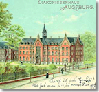 Titel : Die Diakonissenanstalt Augsburg, Postkarte, 1893 - Bildbeschreibung : In Augsburg wurde 1855 eine Diakonissenanstalt gegründet, die sich zunächst vor allem der Krankenpflege zuwandte. Nach mühevollen Anfangsjahren konnte dank der großzügigen Stiftung von Gräfin Stephanie Guiot Du Ponteil im Jahr 1893 ein neues Mutterhaus gebaut werden. - Bildnachweis : Diakonissenhaus Augsburg, Archiv
