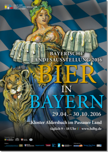 Plakatmotiv der Bayerischen Landesausstellung 2016 "Bier in Bayern"; Entwurf: Nicole Westphal unter Verwendung des Motivs von E. v. Baumgarten, "Die Biermasskrüge tragende Bavaria wird vom Münchner Kindl mit schnullerbestücktem Milchfläschchen sehnlichst erwartet", Aquarell/Druckgrafik, 1905 © Haus der Bayerischen Geschichte, Augsburg