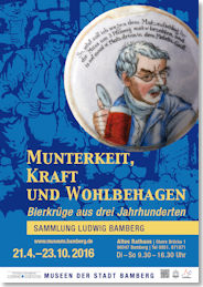 Das Plakatmotiv der Bamberger Ausstellung zeigt ein „Bierkrugdeckelmedaillon“ oder einen „Bierseideldeckeleinsatz“ (Porzellan mit Buntdruck, um 1870/90). Solche Medaillons wurden in den Zinndeckel des Glaskrugs eingelassen, um in Wirtschaften den Krug als individuellen Besitz zu kennzeichnen. Die Motive sind überwiegend Spiegel der Volkskultur und humoristischer Art. (© Museen der Stadt Bamberg)