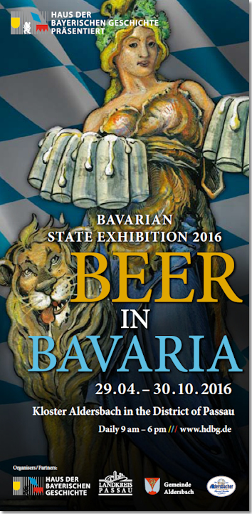 Plakatmotiv der Bayerischen Landesausstellung 2016 "Bier in Bayern"; Entwurf: Nicole Westphal unter Verwendung des Motivs von E. v. Baumgarten, "Die Biermasskrüge tragende Bavaria wird vom Münchner Kindl mit schnullerbestücktem Milchfläschchen sehnlichst erwartet", Aquarell/Druckgrafik, 1905 © Haus der Bayerischen Geschichte, Augsburg