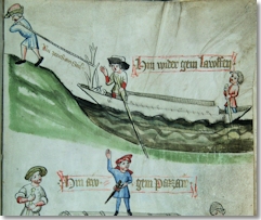 Zechbuch der Passauer Salzfertiger und Schiffsleute<br><br>Darstellung eines Salzschiffes auf dem Inn zwischen Passau und Laufen, oben unbeladen innaufwärts unterwegs „hinwider gein Lawffen“, unten beladen mit einem großen Salzfass auf dem Weg innabwärts „hinaw gein Pazzaw“; Abbildung aus dem Zechbuch der Passauer Salzfertiger und Schiffsleute von 1422.<br><br>Die Abbildung aus dem Zechbuch der Passauer Salzfertiger und Schiffsleute veranschaulicht das Prinzip der Naufahrt und der Gegenfahrt, wie sie bereits um 900 in der Raffelstetter Zollordnung beschrieben steht: Bei der Naufahrt flussabwärts legten die Schiffe an einem Tag bis zu 40 Kilometer zurück. Für die Steuerung verwendete man ruderartige Stecken. Gegen den Strom mussten die Schiffe von Land aus von so genannten Schiffsreitern oder Treidlern gezogen werden. Diese Arbeit übernahmen zunächst Tagelöhner, im Lauf des Mittelalters wurden nach und nach Pferde eingesetzt. Die Abbildung von 1422 dürfte demnach bereits historisierend sein.<br><br>Der Begriff Zeche steht im Mittelalter für Bruderschaften oder Zünfte. Zechbücher waren demnach Verzeichnisbücher, in denen Vereinbarungen der Gemeinschaft festgehalten wurden. Im vorliegenden Passauer Zechbuch finden sich unter anderem neben Urkundenabschriften und Privilegien der Zunft auch Verzeichnisse über die Mitglieder.<br><br>Abbildung aus dem Zechbuch der Passauer Salzfertiger und Schiffsleute Aquarellierte Federzeichnung; Pergament, Papier; 1422<br><br>© Stadtarchiv, Passau<br><br>Verwendung nur im Rahmen der Berichterstattung zur Bayerisch-Oberösterreichischen Landesausstellung 2012.<br>Abdruck honorarfrei, Beleg erbeten (HdBG, Pf 101751, 86007 Augsburg)