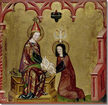 Die Tafel aus dem ersten Retabel der hl. Klara zeigt die Bestätigung der Ordensregeln durch Papst Innozenz. Das von Sebald Weinschröter und Werkstatt um 1360/65 geschaffene Werk für die Klosterkirche der Klarissen in Nürnberg wird heute im Germanischen Nationalmuseum aufbewahrt (Foto: Germanisches Nationalmuseum, Nürnberg).