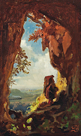 Carl Spitzweg, Gnom, Eisenbahn betrachtend, um 1848, Öl/Holz (Zigarrenkistendeckel), fränkischer Privatbesitz. Das im Jahr 2008 vom Auktionshaus Ketterer angebotene eigenwillige Motiv zeigt einen Gnom, der – aus sicherem Abstand – eine vorbei dampfende Eisenbahn beobachtet. Der Gnom (in der ausgeführten Form sind es zwei) symbolisiert die „alte“ Welt; er betrachtet aus sicherem Abstand die „neue Zeit“, die mit der dahinbrausenden Eisenbahn herankommt. Die Entmythologisierung der Welt – so scheint es das Fabelwesen zu sehen – ist wohl nicht mehr aufzuhalten. / Ketterer Kunst GmbH & Co. KG, München / www.kettererkunst.de