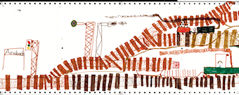 „Promotionsvisualisierung“: Diese Zeichnung (Filzstift/gelochtes Endlospapier, 107 x 21cm) des damals siebenjährigen Florian Schilhabel ist 1983 entstanden, während seine Mutter die Promotionsarbeit von Emma Mages „Eisenbahnbau, Siedlung, Wirtschaft und Gesellschaft in der südlichen Oberpfalz“ auf der Schreibmaschine schrieb. / Florian Schilhabel