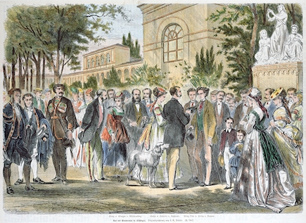 Das russische Zarenpaar im Gespräch mit König Ludwig II. und sein Bruder Otto im Jahr 1868 bei der Kur in Kissingen. Kolorierter Stahlstich nach E. E. Döpler, 1868; Graphische Sammlung, Stadt Bad Kissingen