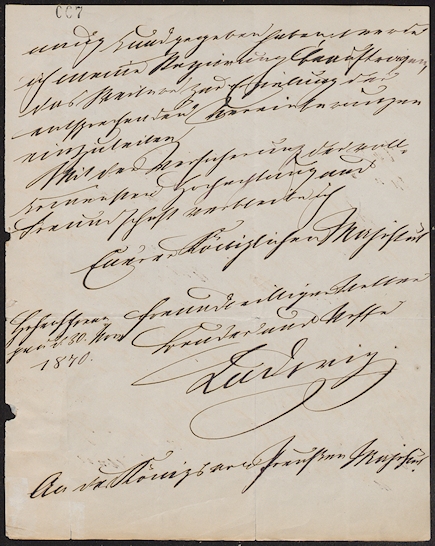 In die Enge getrieben, verfasste König Ludwig II. am 30. November 1870 einen von Bismarck vorformulierten „Kaiserbrief“ an König Wilhelm I. von Preußen und bot ihm die Kaiserkrone an. © Auswärtiges Amt, Berlin