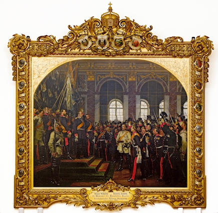 Der Maler Anton von Werner stellte Otto von Bismarck farblich hervorgehoben ins Zentrum seiner Darstellung der Kaiserproklamation in Versailles. © Otto-von-Bismarck-Stiftung, Friedrichsruh