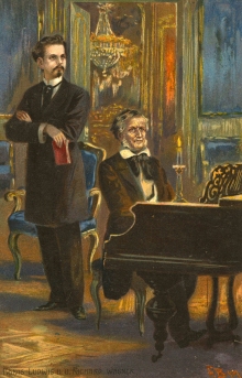 Die Postkarte aus der Zeit um 1910 zeigt König Ludwig II., der Richard Wagner am Flügel lauscht – ein mehrfach auf Postkarten verbreitetes Motiv (© Haus der Bayerischen Geschichte, Augsburg)