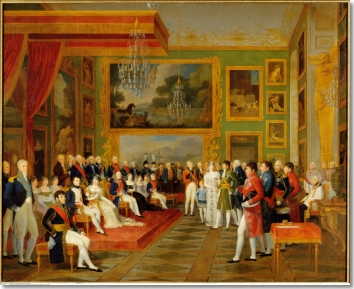 Die Ziviltrauung von Eugène de Beauharnais, dem Stiefsohn Napoleons, mit Auguste Amalie von Bayern am 13. Januar 1806 in der Grünen Galerie der Münchner Residenz. François Guillaume Ménageot, 1808, Versailles, Musée national des châteaux de Versailles et de Trianon (Foto : Bildarchiv Preußischer Kulturbesitz)