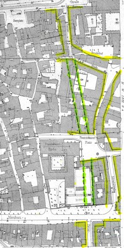 Die zwei konkurrierenden Vorschläge des Straßenausbaus - die gelb schraffierte Linienführung wurde später verwirklicht, © Oberste Baubehörde