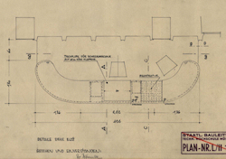 Geschwungen im Stil der Zeit: Bauzeichnung für den Tisch der Aufsicht in der Aula der TU, 1953, © Staatliches Bauamt München II